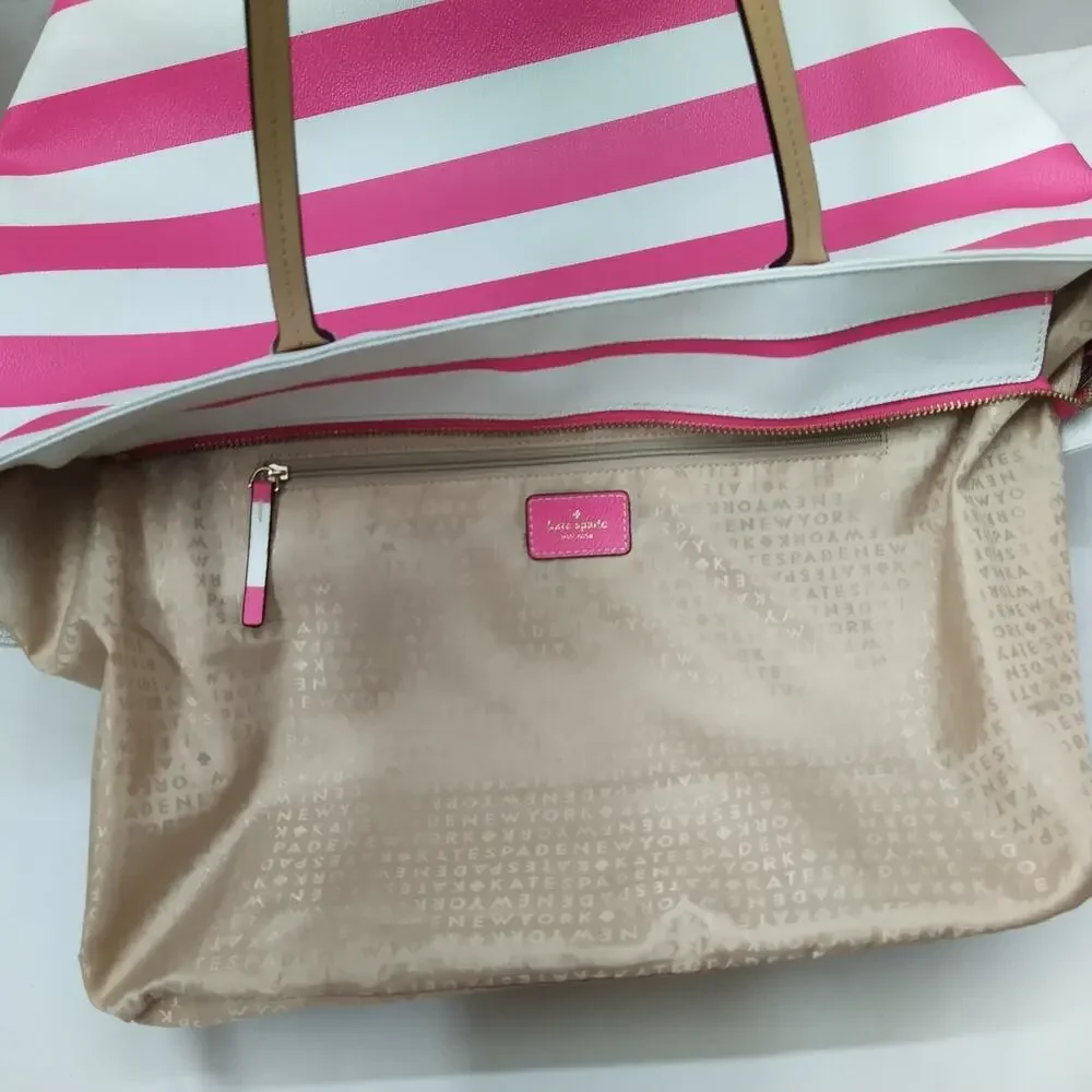 Kate Spade Pink Stripe Leather Trim Bow Double Handles Zipper Tote Shoulder Bag